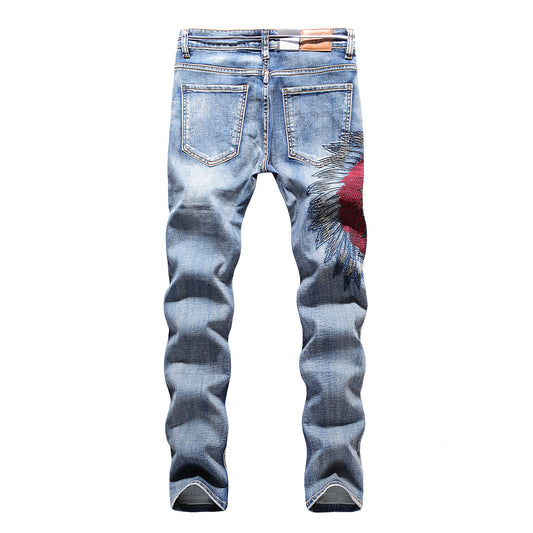 Trendy Urban streetwear Embroidered Frayed Men's Blue Jeans