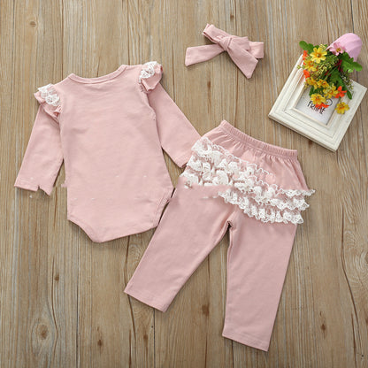 Infant And Toddler Cotton Lace Long-sleeved Harness Lace Long Pants Set