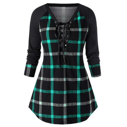 New cute Wine Red Spring And Autumn Printed Plus Size Long Sleeve Plaid Dress for young adult