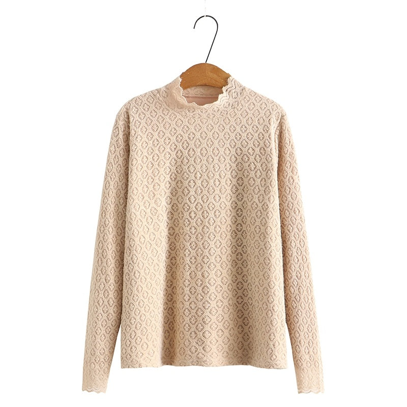 Loose Plus Size Women's Fleece Half Turtleneck Lace T-shirt