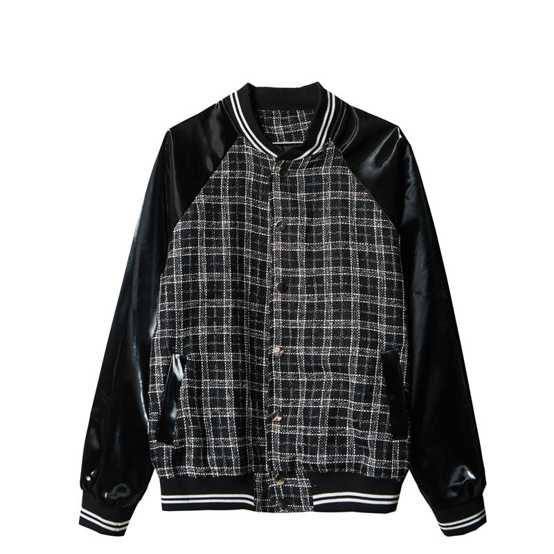BLACK Urban style Loose Plus Size Leather Plaid Baseball Jacket