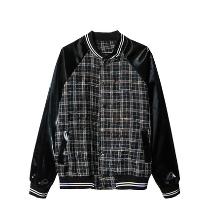 BLACK Urban style Loose Plus Size Leather Plaid Baseball Jacket