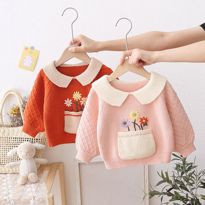 Flower Lapel Thickened Baby Knit Sweater Western Style Women