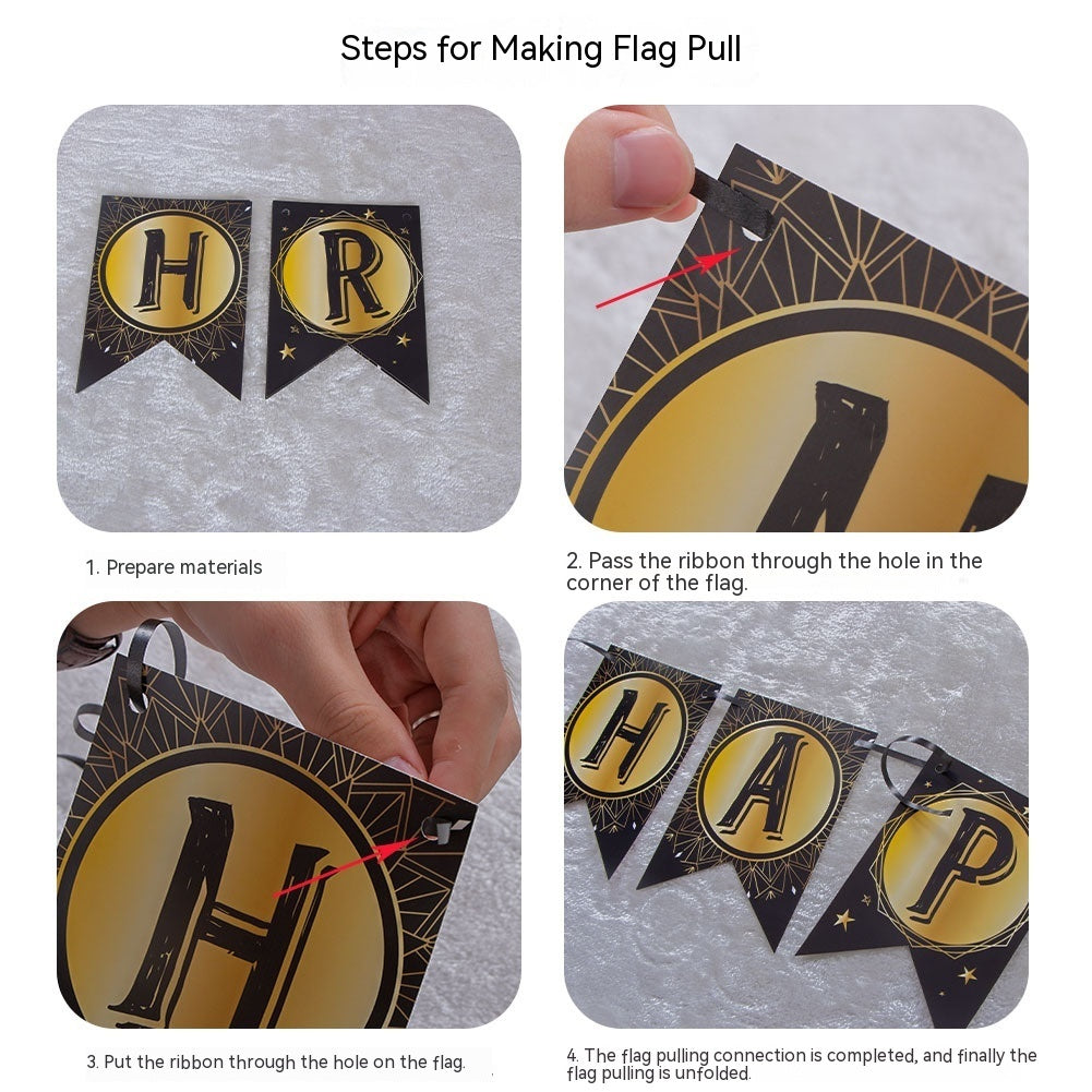 Happy New Year Hanging Flag Colorful Flag Black Gold Letter Pendant