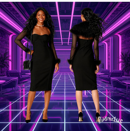 New sexy BLACK evening Feather Patchwork Waist-slimming Slimming Dress night club dress