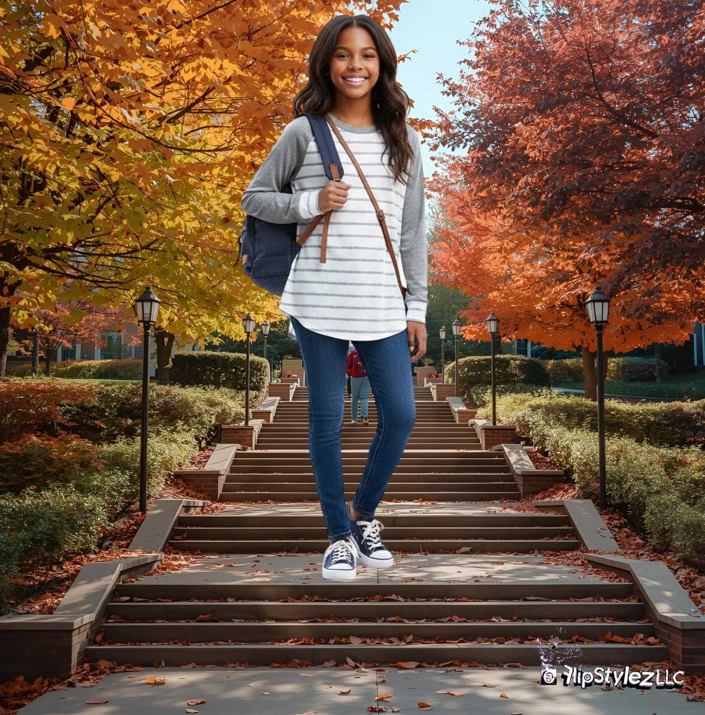 New pink sleeves blue stripes Fall or winter cotton sweater for high school or collage age girl