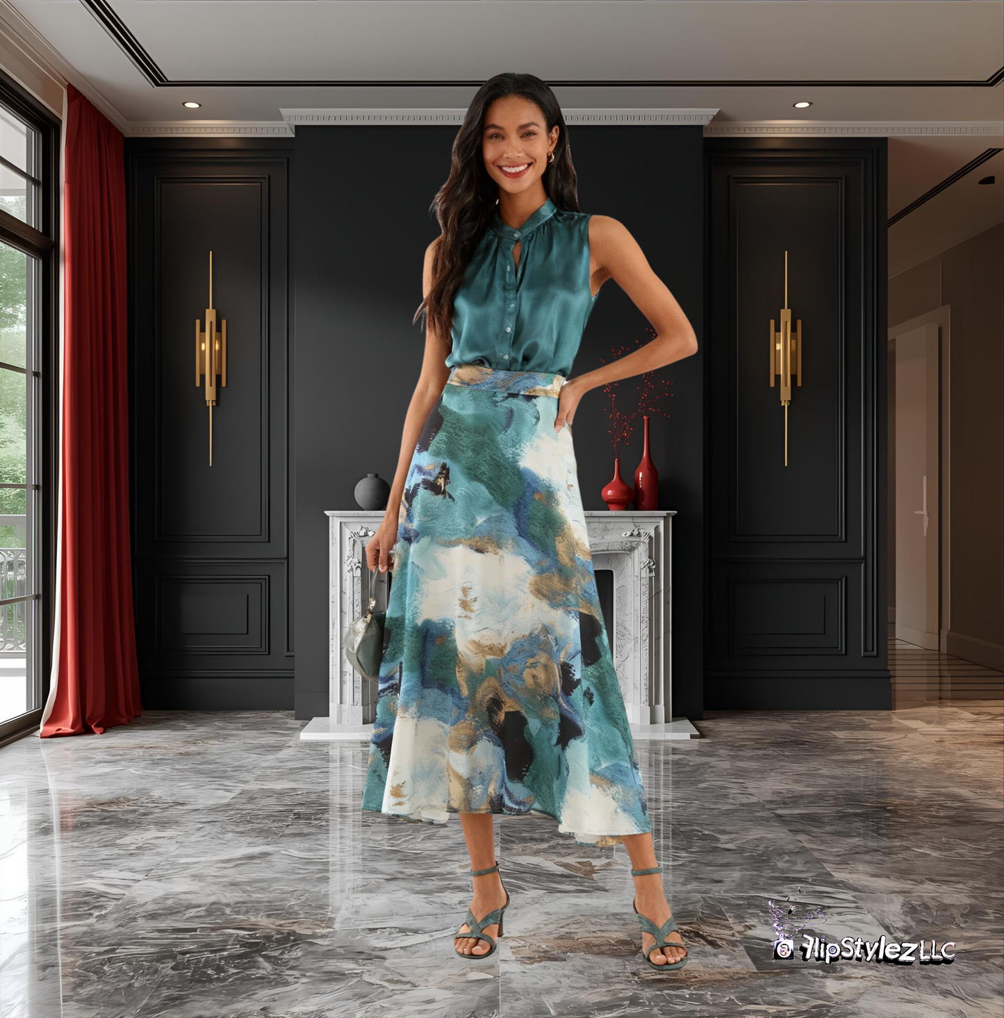 New Sexy Long Style Creative aqua pattern Skirt Draping Smooth Umbrella Skirt ONLY