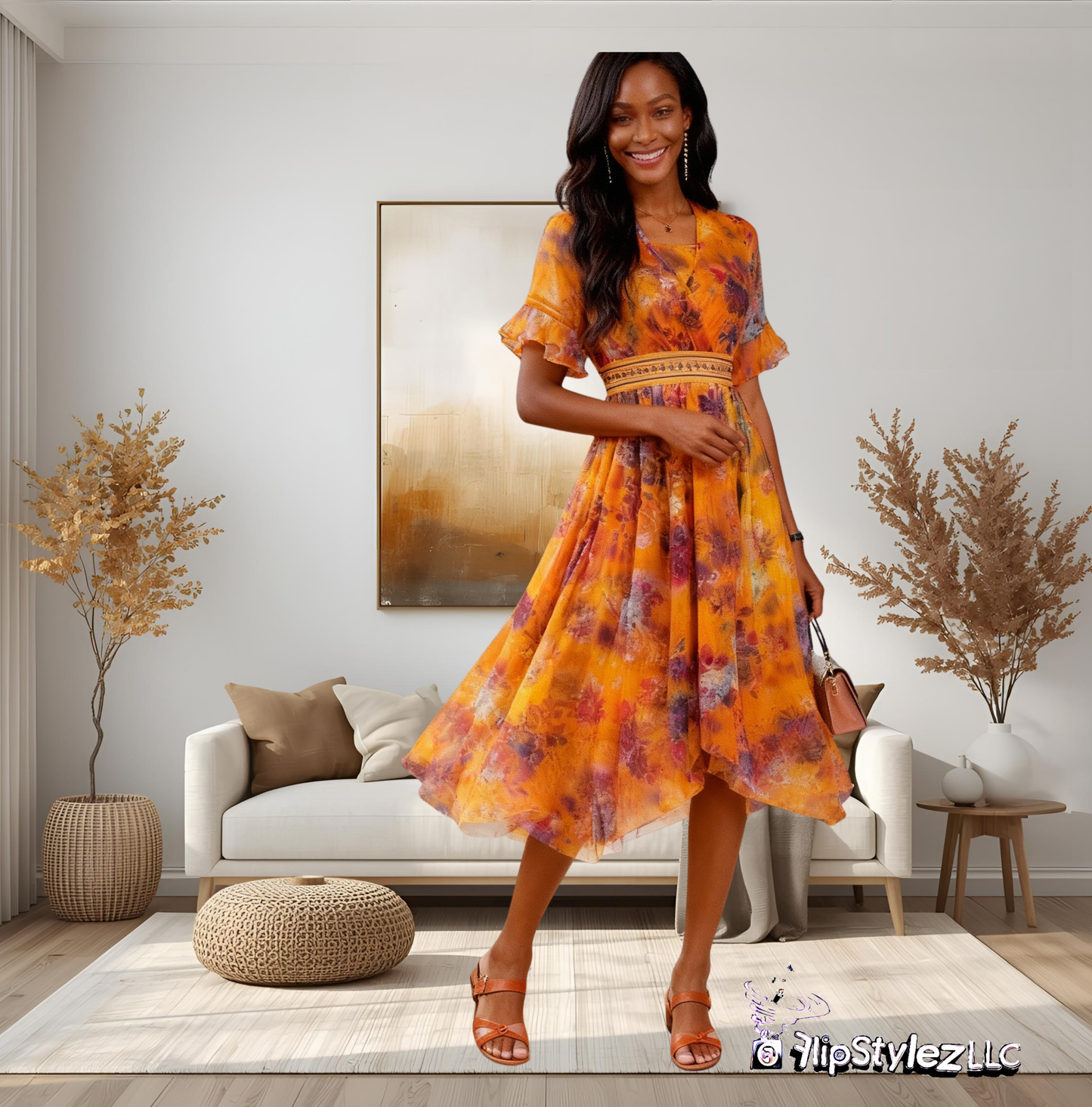 New Vibrant Orange Modern Style Ladies Autumn dress for women