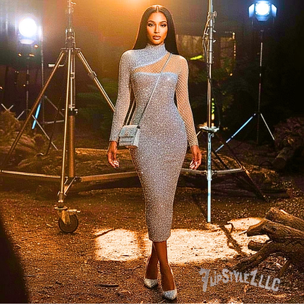 New Sparkling white Cut-out Off-the-shoulder S-shaped Sequin Dress for women