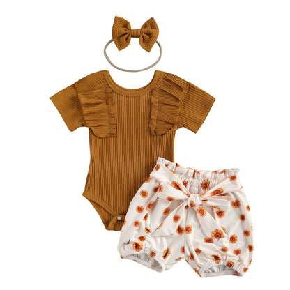 Children's Stiletto Top And Printed Shorts Free Bow Headband