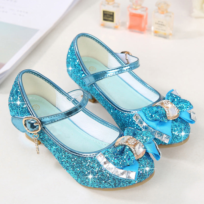 Girls High Heel Shoes Rhinestone Bow Princess Shoes