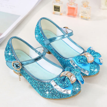 Girls High Heel Shoes Rhinestone Bow Princess Shoes