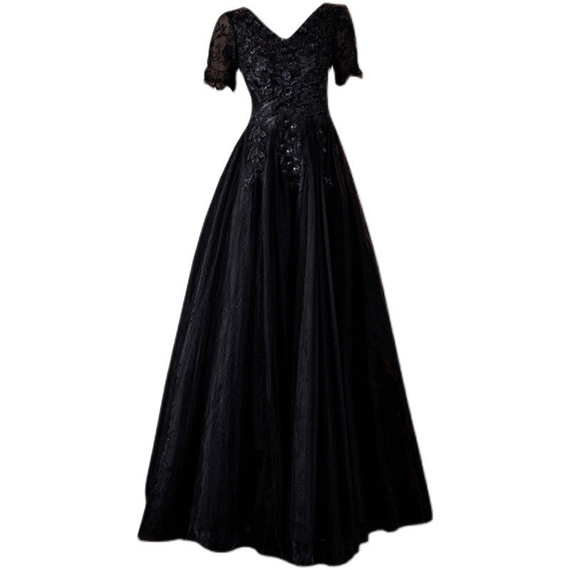 Elegant Black Deep V-neck Evening Long-sleeve Wedding Dress