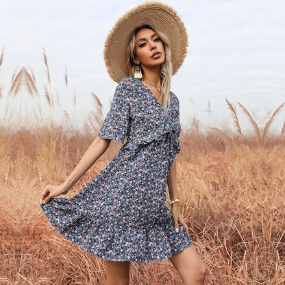 Women's Summer Floral Short Sleeve  Back Ruffle Dress
