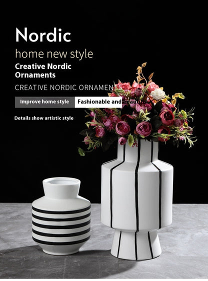 Black And White Striped Ceramic Vase Light Luxury Modern Home