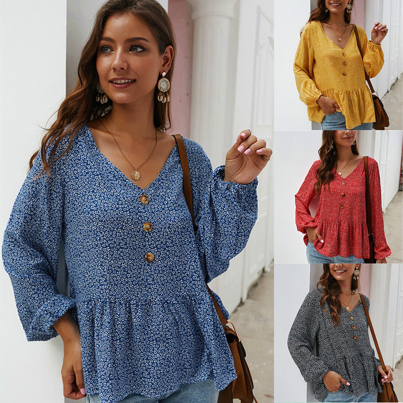New Product Floral Long-sleeved V-neck Shirt Top