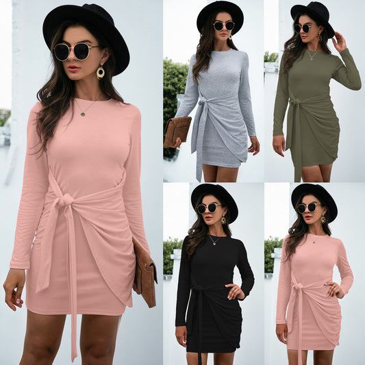 Hot New Product Long Sleeve Round Neck Tie Solid Color Dress