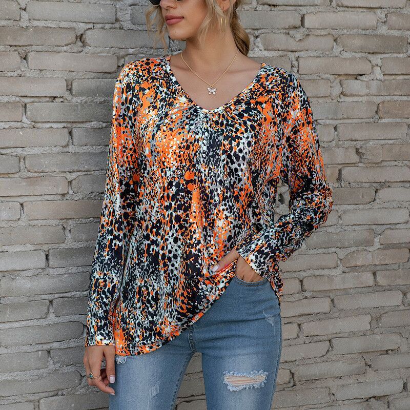 Ladies V-Neck Pleated Print Long-Sleeved Plus Size T-Shirt Top
