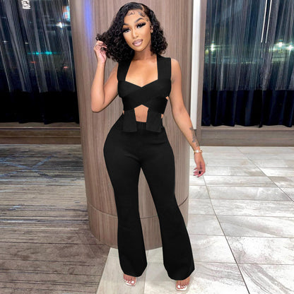 Irregular Shawl Sleeveless Wrap Knot Fashion 2 Piece Set