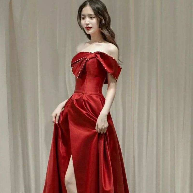 French Satin Ladies Banquet Temperament Wedding Evening Dress