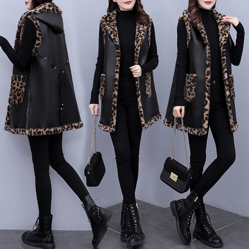 Plus Size Women's Leopard Rabbit Plush Vest Coat