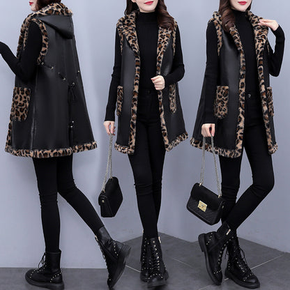Plus Size Women's Leopard Rabbit Plush Vest Coat