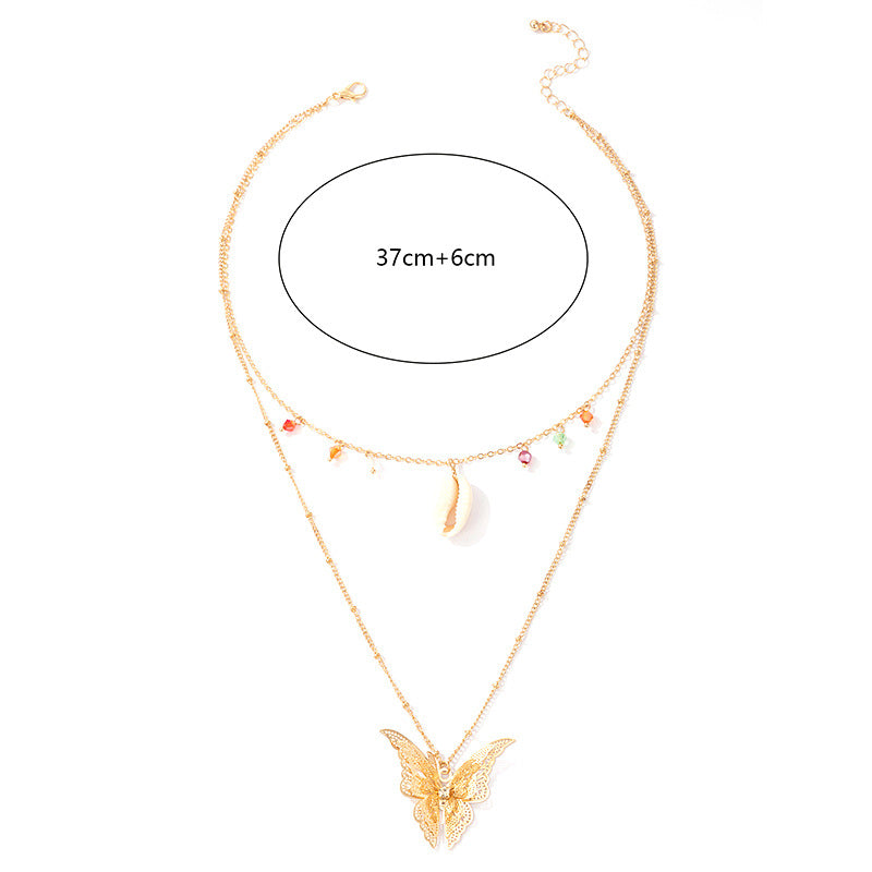Simple Retro Ethnic Butterfly Shell Color Beads 2 Layer Necklace