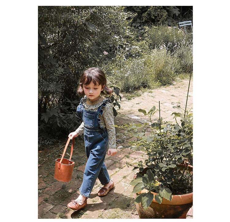 Children Girl Lotus Shoulder Denim Jumpsuit