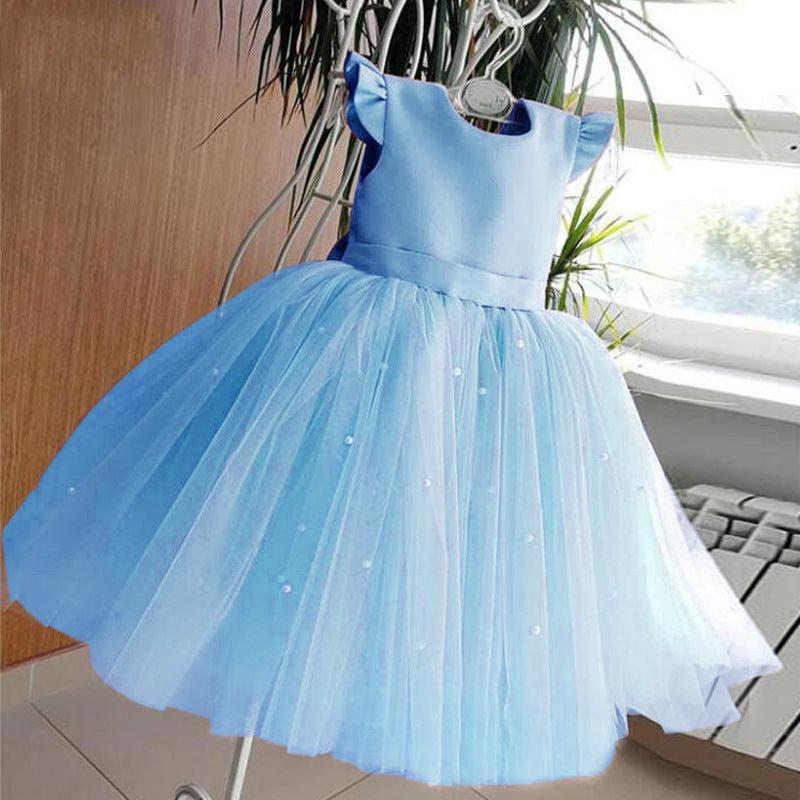 Girl's Gown Mesh Backless Bow Umbrella Princess Dress