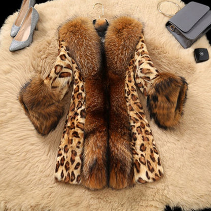 Mid-length Leopard Print  Raccoon Fur Collar Coat