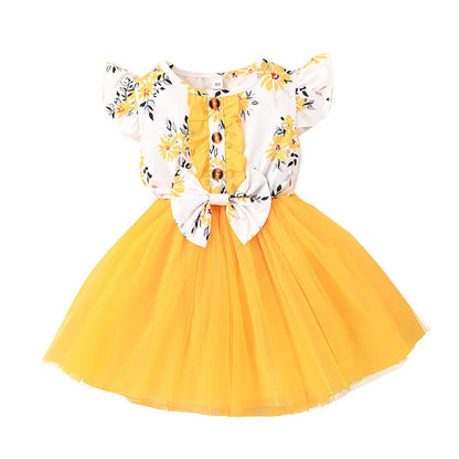 Baby Girl Printed Mesh Dress Sweet And Cute Flying Sleeves