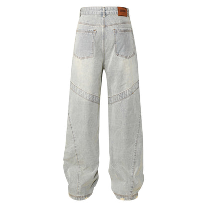 High Street American Stitching Patchwork Cat Beard Worn Jeans