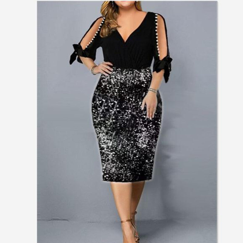 Plus Size Women's Personalized Sequined Beads V-neck Dress With Hips