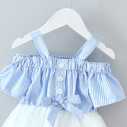 Striped Bow Net Yarn Suspender Skirt Baby Princess Dress Fluffy Yarn