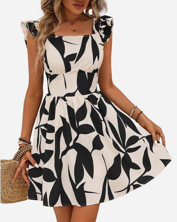 Printed Lace-up Back Backless Frill Holiday Dress