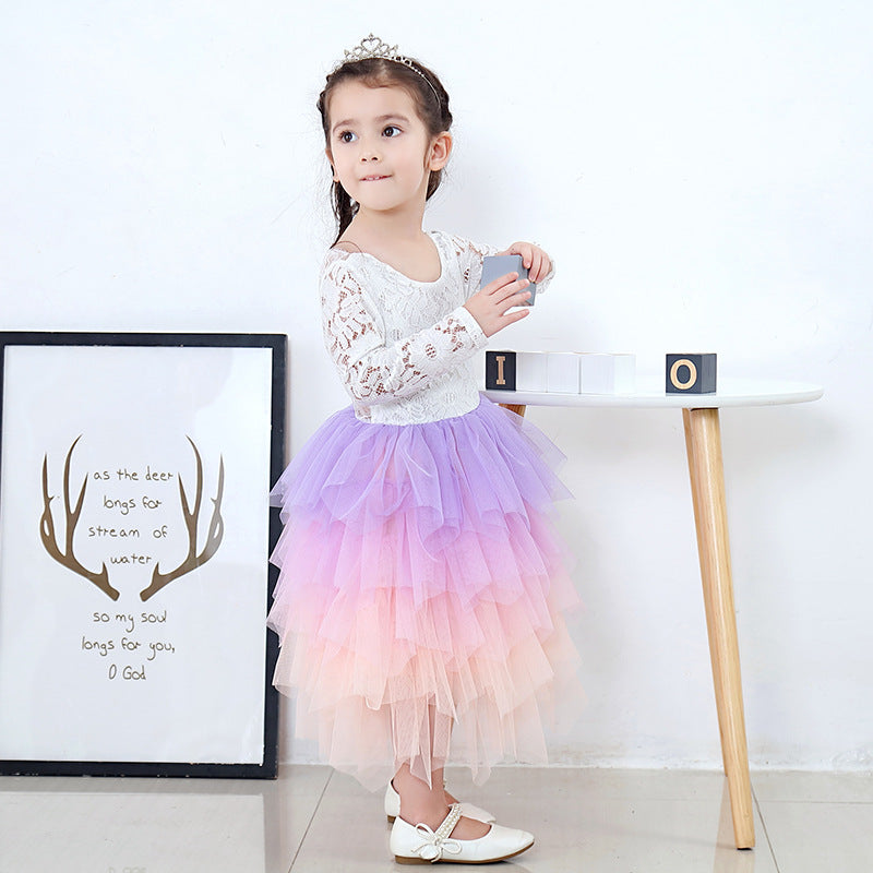 Girls Lace Backless Tutu Dress with Long Sleeves