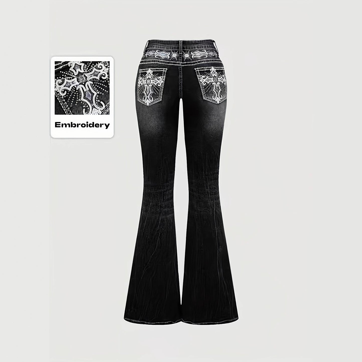 Women's dark wash pocket embroidered rhinestone fitted flared jeans