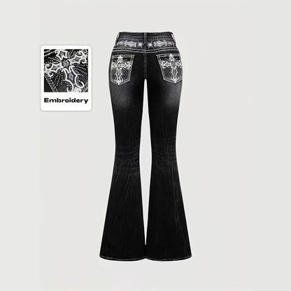 Women's dark wash pocket embroidered rhinestone fitted flared jeans
