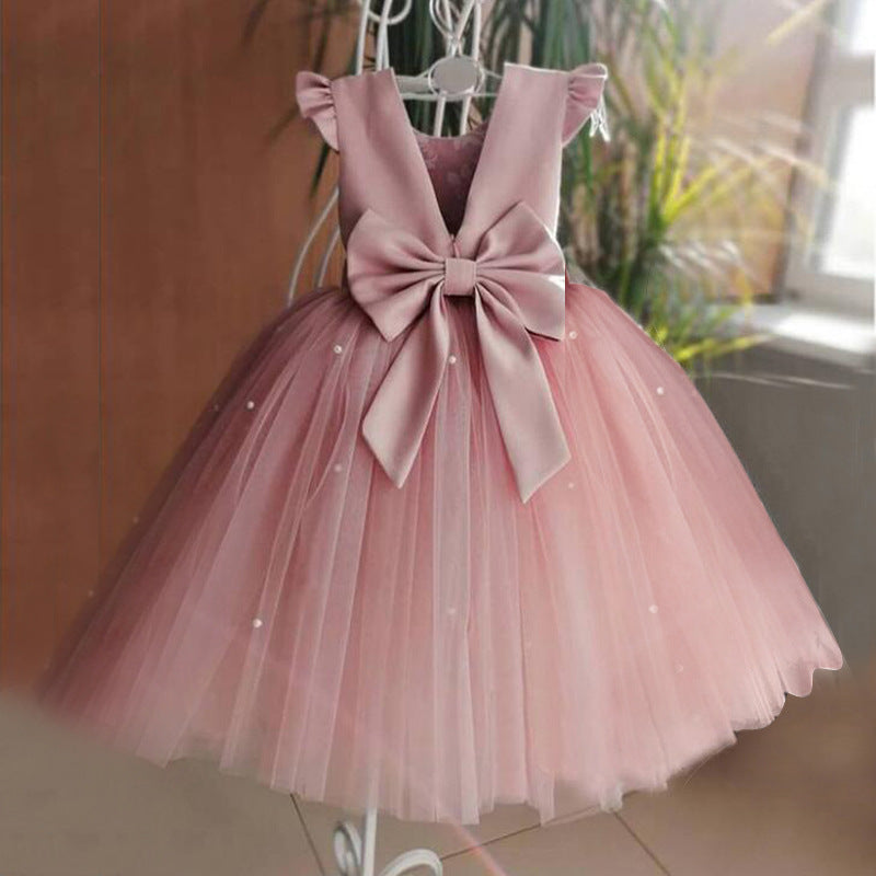 Girl's Gown Mesh Backless Bow Umbrella Princess Dress