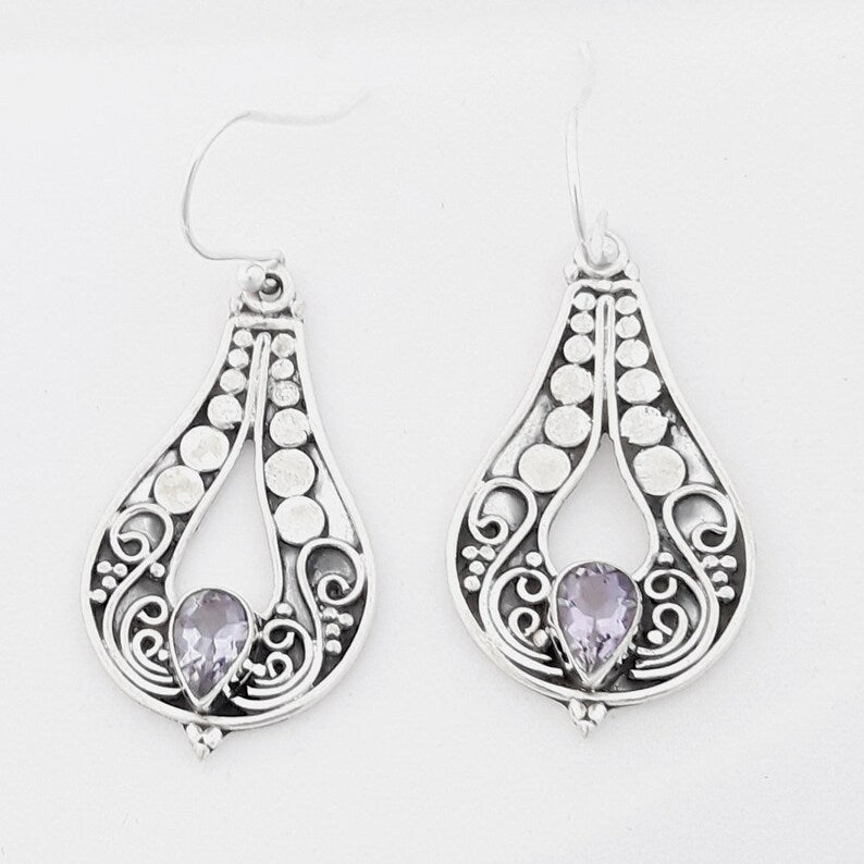 Women's Fashion Silver Carved Purple Gemstone Earrings