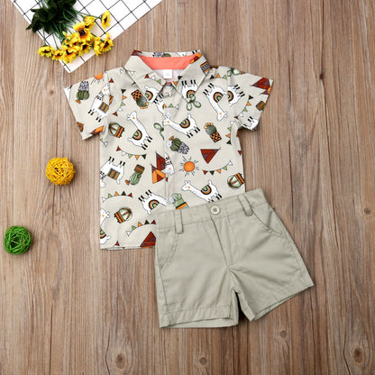 Summer boys and girls suit cartoon printed shirt solid color shorts suit