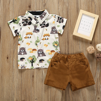 Summer boys and girls suit cartoon printed shirt solid color shorts suit