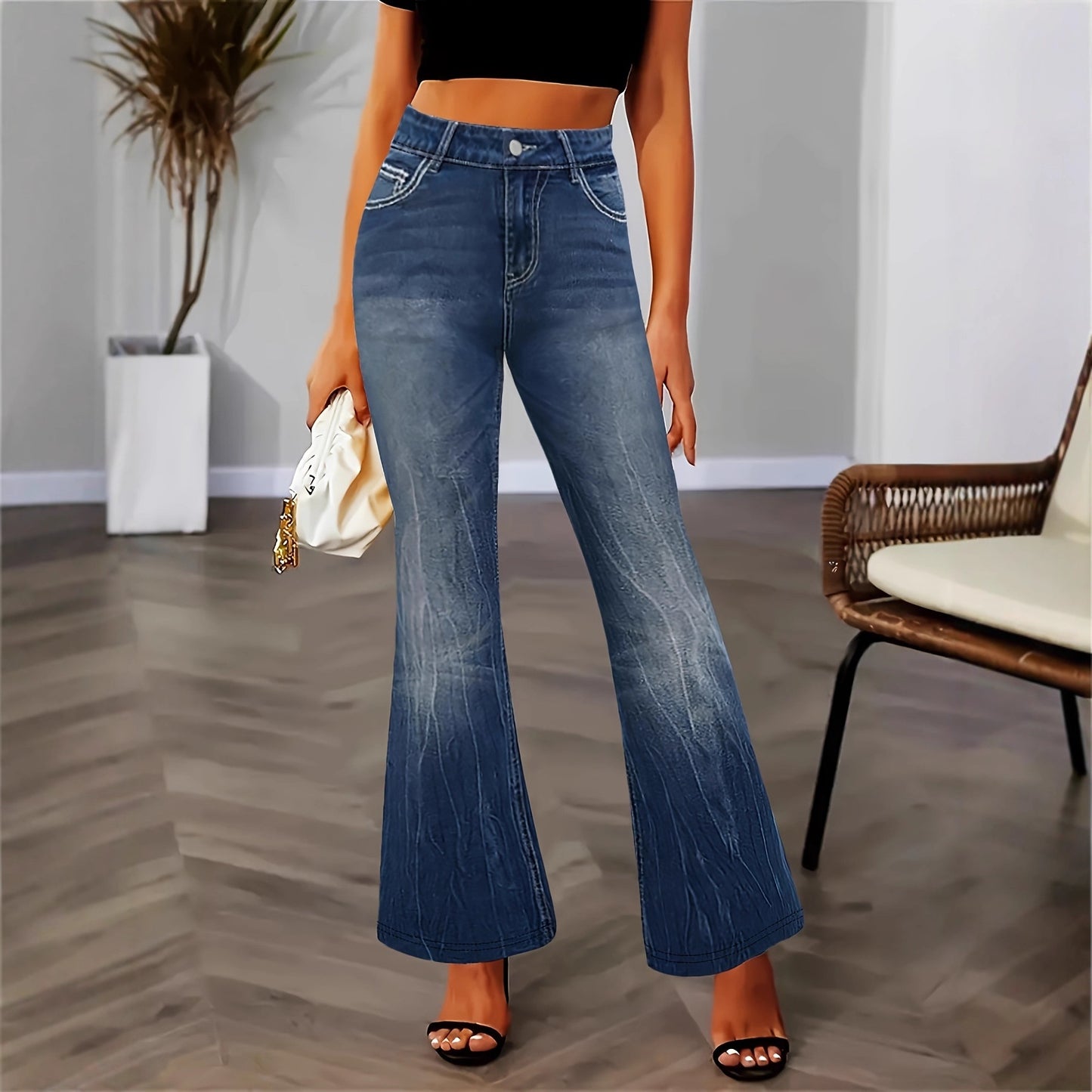 Women's dark wash pocket embroidered rhinestone fitted flared jeans