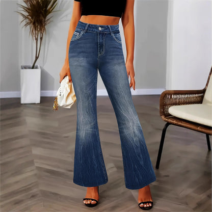 Women's dark wash pocket embroidered rhinestone fitted flared jeans