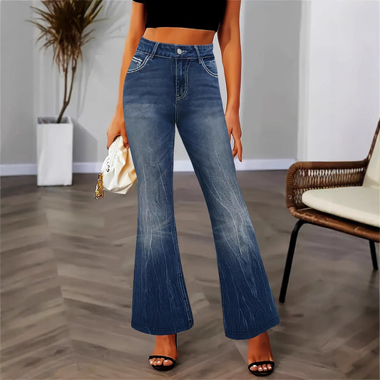 Women's dark wash pocket embroidered rhinestone fitted flared jeans