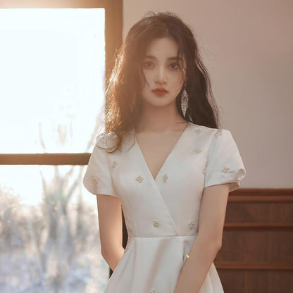 French Bridesmaid Cheongsam Satin Light Wedding Small Evening Dress Women