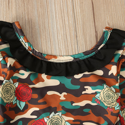 Girls Camouflage Long Sleeve Romper Black Flared Trousers Headband Set