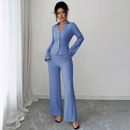 Button Shirt Wide-leg Pants Suit For Women
