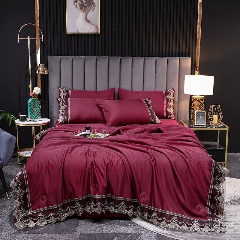 Ice Silk Four-piece Embroidered European Style Lace Edge Washable Air-conditioning Quilt