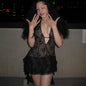 Short Stitching Ribbon Halter Lace Hollow-out Deep V-neck Backless Hot Girl Dress